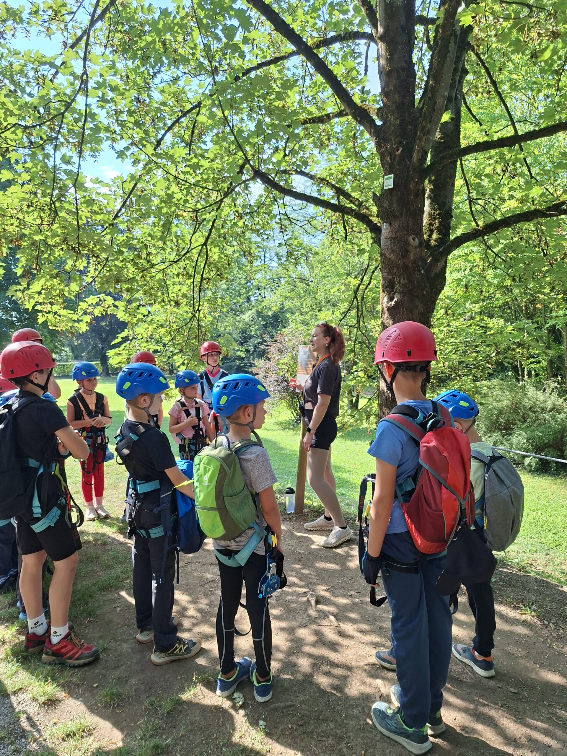 Kinder mit Kletterausrüstung hören einer Instruktorin zu, die in einem Wald steht.