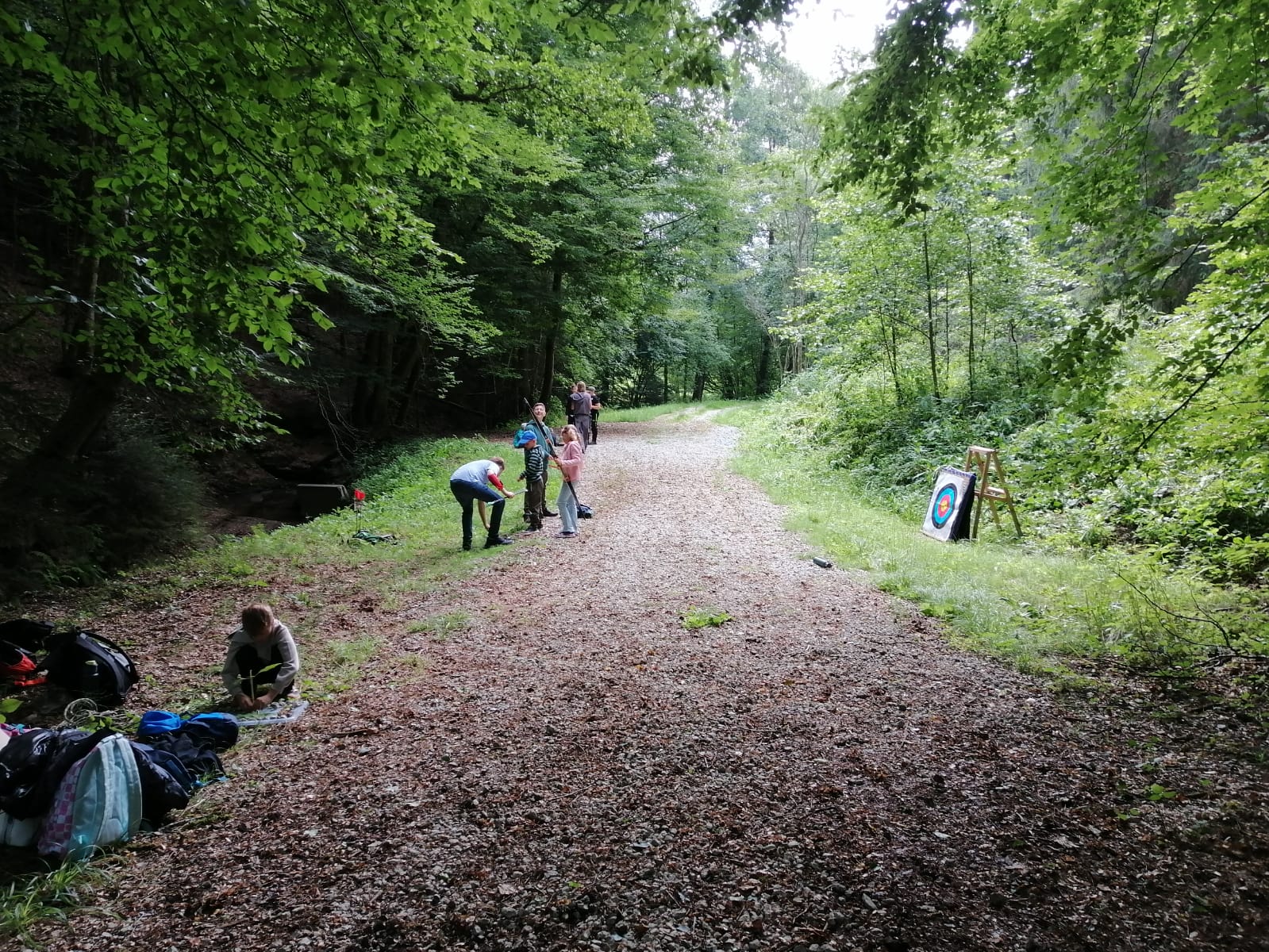 Bogenschießen-Training im Wald; Gruppe von Personen mit Bögen und Pfeilen; Zielscheibe auf Leiter